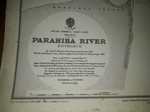 Antigua Carta Náutica Parahiba River Brasil 1890  1912