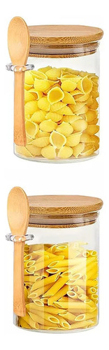 2 Frascos De Vidrio Con Tapas De Bambú Y Cuchara De Azúcar