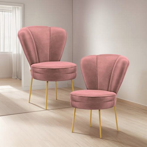 Jogo 2 Cadeiras Decor Para Mesa De Jantar Pés De Ferro Assento Rosa Escuro Desenho Do Tecido Tecido Veludo