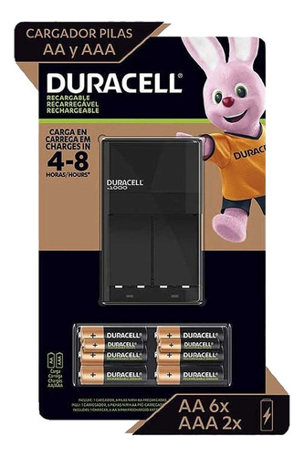 Cargador para Pilas Recargables Duracell;  1 cargador; 6 baterias AA y 2 baterias AAA recargables