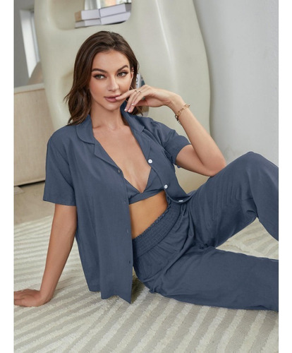 Conjunto De Pijama De Tres Piezas Tipo Cárdigan De Manga Cor