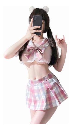 Traje Uniforme De Estudiante Kawaii Rosa A Cuadros Con Lazo