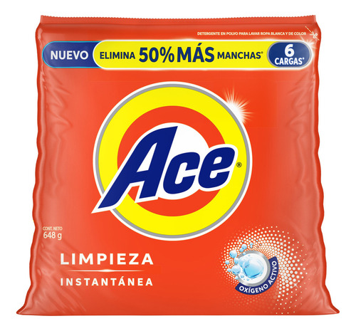 Detergente Lavandería En Polvo Ace Regular Ropa Color 648g