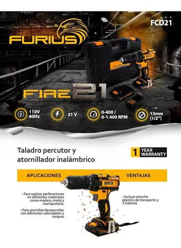 Taladro Inalámbrico Percutor 1/2 Pulg 21V 1350Rpm Furius Fcd21: Potencia y  Versatilidad en Tus Manos