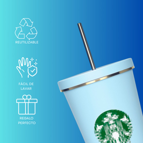Vaso Liso De Metal De 600 Ml Con Tapa Y Popote Color Azul Claro (clicuc)