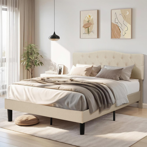 Base De Cama Queen Con Cabecera Tapizada Color Beige