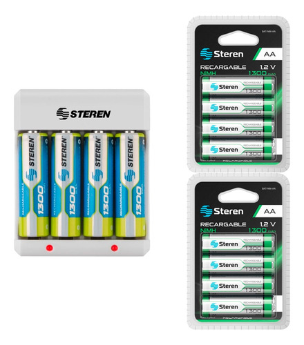 Cargador Steren Con 4 Pilas Aa + 8 Aa 1300mah Recargable