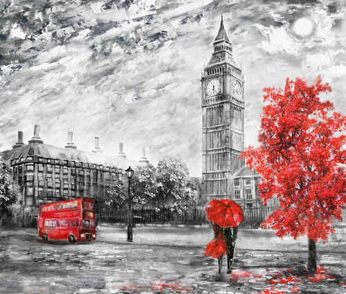 Londres Pareja Big Ben Negro Y Rojo Con Marco Cuadro Canvas