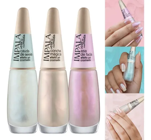 Kit 3 Esmalte Impala A Cor Da Sua Moda 7 Efeito Pó Cromado Efeito Pó Cromado