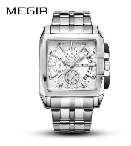 Reloj cuadrado original plateado de lujo de Megir, visera blanca, color de la correa: plata, color del bisel: plata, color de fondo: plata