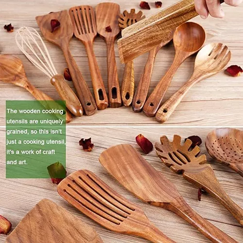  Cucharas de madera para cocinar, juego de 10 utensilios de  cocina de madera de teca, utensilios de cocina de madera para sartenes  antiadherentes y utensilios de cocina, resistentes, ligeros y 