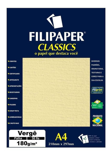 Papel Vergê A4 Filipaper Classics 180g 50 Folhas Palha