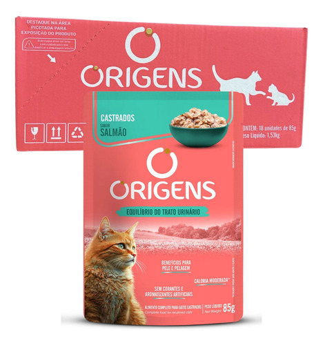 Sachê Origens Gato Adulto Castrado Salmão 85g Caixa 18un