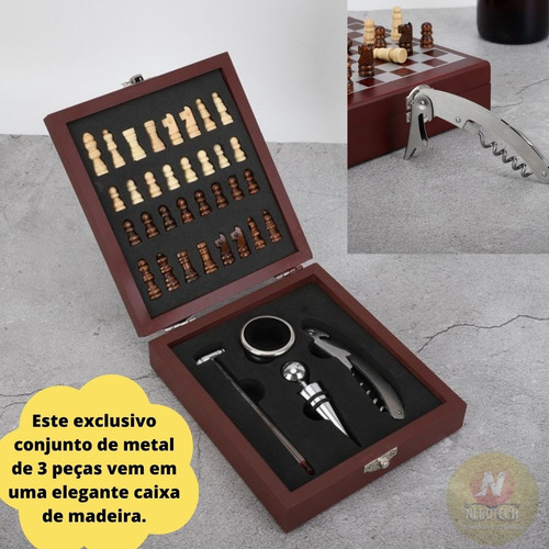 Imagem 5 de 7 de Kit Abridor Vinho Maleta Madeira Jogo De Xadrez Saca Rolha