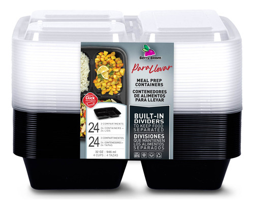 24 Contenedores Para Alimentos Con Tapa 3 Divisiones 32 Oz