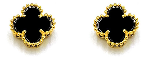 Brinco Trevo Em Ouro 18k Com Pedra Onix Natural 4 Folhas