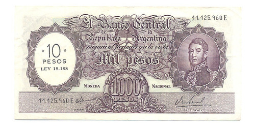 Billete Moneda Nacional Resellado 1000 Pesos A 10$ Ley 2214