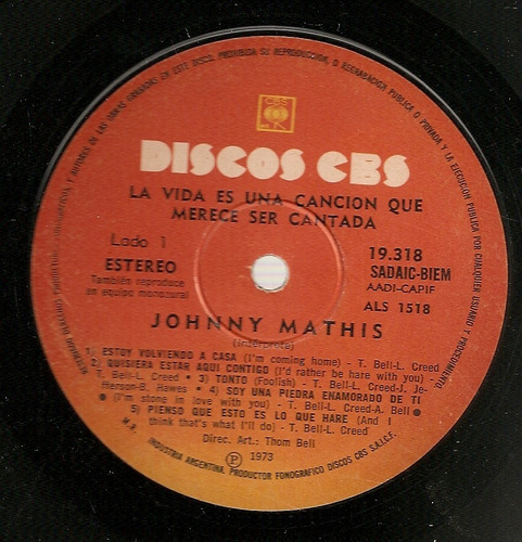 Vinilo Lp La Vida Es Una Cancion Johnnyn Mathis - Sin Tapa