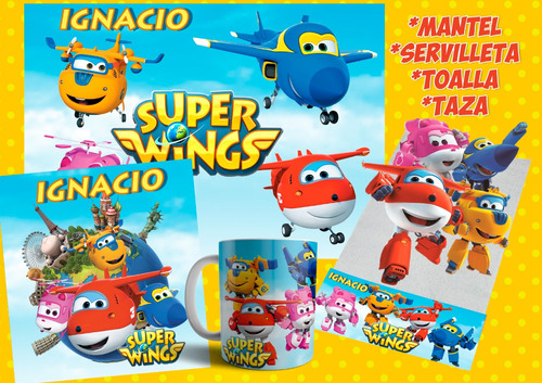 Set  Jardín Super Wing - Aviones - Mant + Ser + Toall + Taza