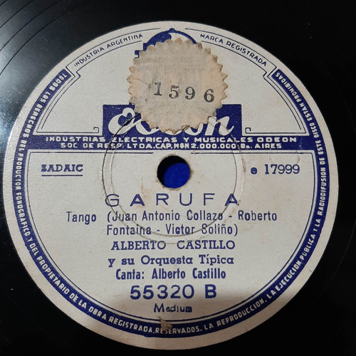 Pasta Alberto Castillo Su Orquesta Tipica Odeon C199