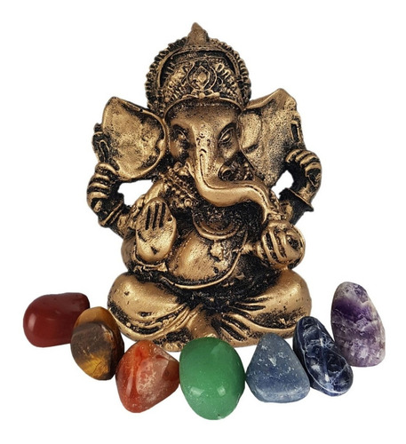 Ganesha Deus Hindu Prosperidade 9,5cm + Kit 7 Pedras Chakras