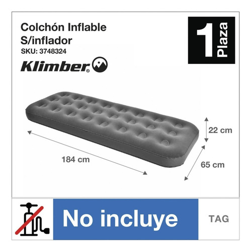 Colchón Inflable 1 Plaza Klimber Gris