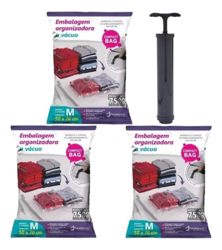 Kit 3 Saco Embalagem Vácuo Organizador Roupa 50x70 Com Bomba