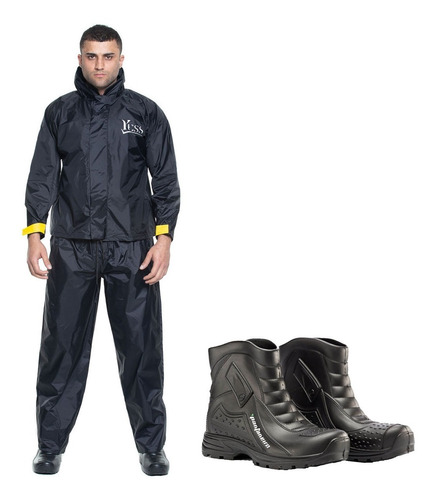 Kit Capa De Chuva Reforçada Nylon Bota Pantaneiro Roupa Moto