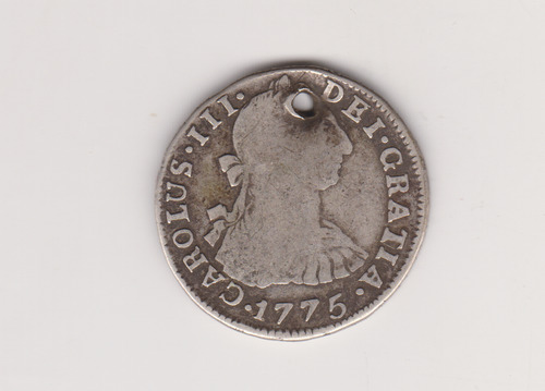 Moneda Potosi 2 Reales Año 1775 Plata Buena + Perforada (Usado)