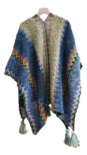 Capa Tejida Con Borlas A Cuadros Bohemios, A Prueba De Vient