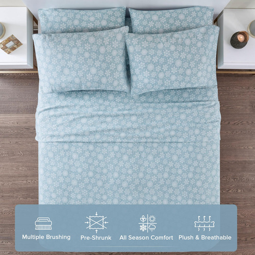 Juego De Cama De Franela Algodón Matrimonial Azul Copos De N