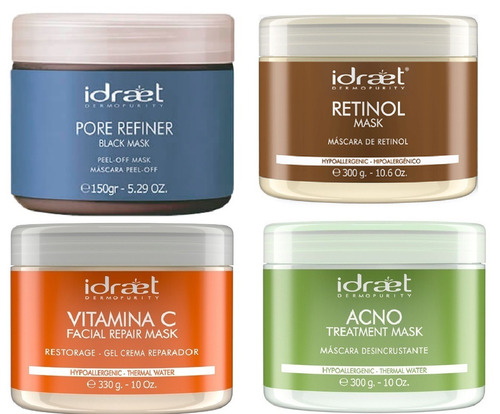 Kit Mascaras X 4 Idraet Retinol + Vitamina C + Black + Acne 