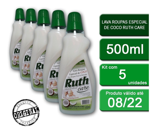 Kit C/5 Lava Roupas Líquido Ruth Care Coco 500ml