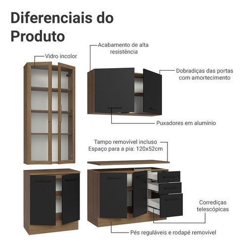 Armário Cozinha Completa 190cm Cristaleira Agata Madesa 01 Cor Rustic/Preto