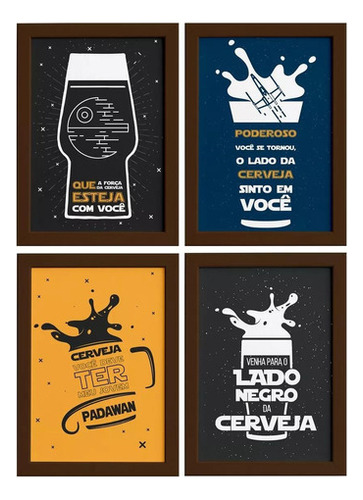 Quadros Geek Com Frase Jedi 33x43cm Moldura Marrom Kit 4un