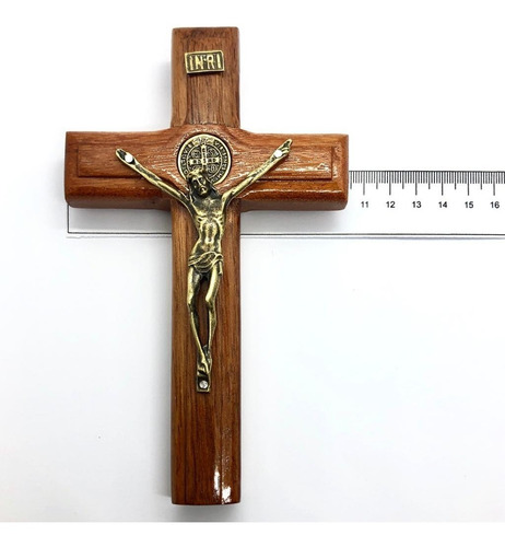 Crucifixo Mesa Cruz Sagrada Medalha São Bento 17cm Stlr 04