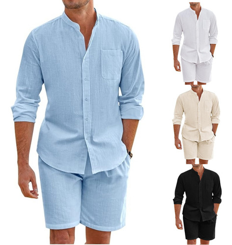 Conjunto De Camisa Y Pantalón Corto De Algodón Y Lino Hombre