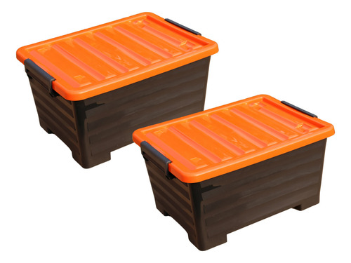 2 Cajas Contenedor Almacenamiento Plástico 48 Litros Ruedas Color Naranja