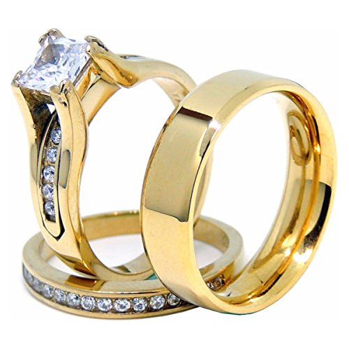 Juego De Anillos Para Parejas Para Mujer 14k Chapado En Oro 