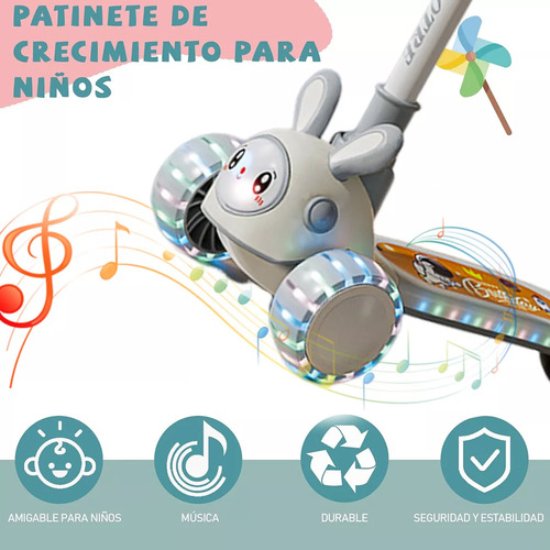 Scooter Plegable Con Asiento Para Niños Luces Led Y Música Gris