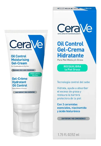 CeraVe Oil Control Gel-Crema Hidratante Oil Control Matificante para Rostro, para uso Diario, tipo de Piel Mixta a Grasa, Fórmula Ultra-Ligera con Ácido Hialurónico, 52 ml