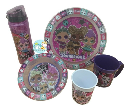 Combo Set Plato Playo Bowl Vaso Taza Botella Lol L.o.l. Color Multicolor