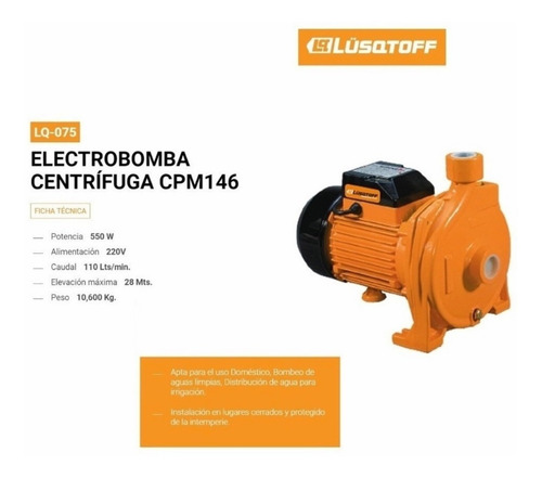 Imagen 2 de 4 de Bomba De Agua Centrifuga 3/4 Hp Monofasica Lusqtoff Cpm146