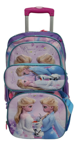Mochila, Lonchera Y Lapicera Frozen Primaria Con Llantas, Ruedas O Carrito Lila