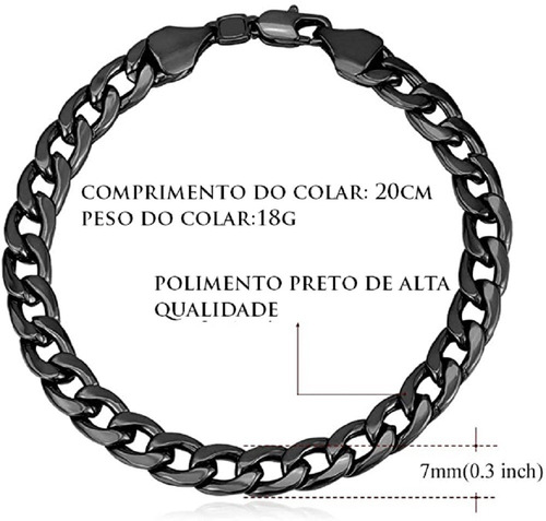 Pulseira Masculina Preta Corrente Bracelete Aço Inox Comprimento 21 cm Cor Preto Diâmetro 21 cm