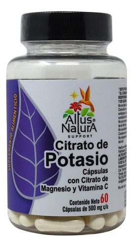 Citrato De Potasio 60 Cápsulas De 500 Mg C/u Suplemento Sabor Sin Sabor