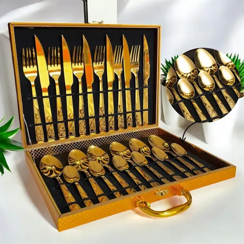 Faqueiro Dourado Luxo 24pçs inox c/ maleta
