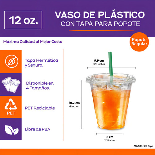 500 Vasos Desechables De Plástico Con Tapa Para Popote 12oz Transparente para Bebidas Frías, Café, Jugos o Frappés