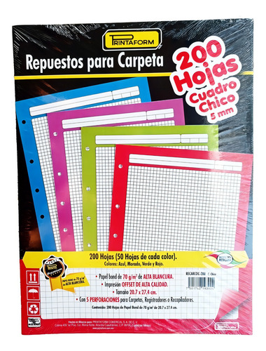 Repuesto Para Carpeta Tamaño Carta 200h 4 Colores 4 Materias