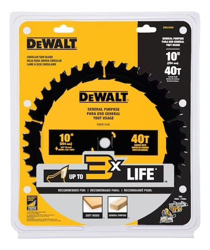 Hoja de sierra circular Dewalt Dwa11040, 10 254 mm, 40 dientes, color amarillo/negro